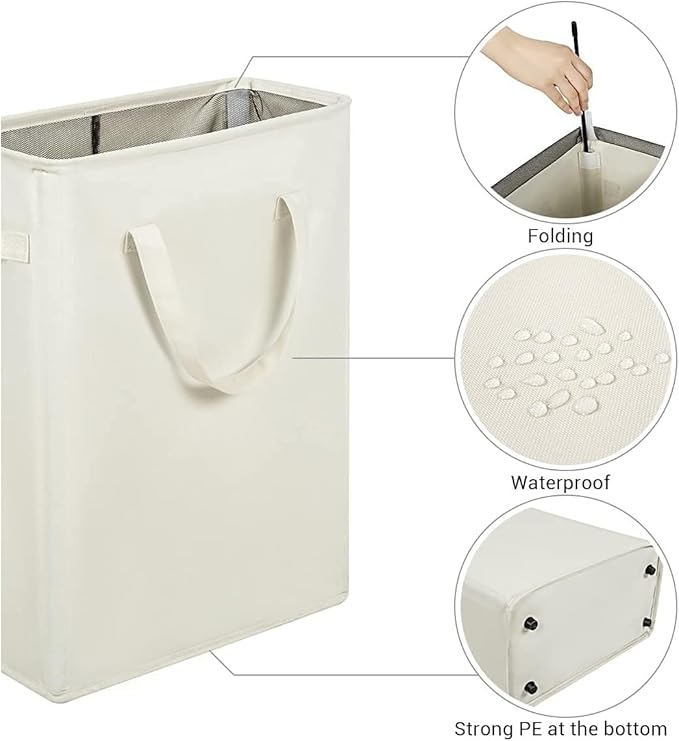 ZERO JET LAG Slim Laundry Hamper With Handles Collapsible Laundry Basket Thin Dirty Clothes Basket Narrow Laundry Bag Foldable Dirty Clothes Hamper 45L (24 inches,Beige)