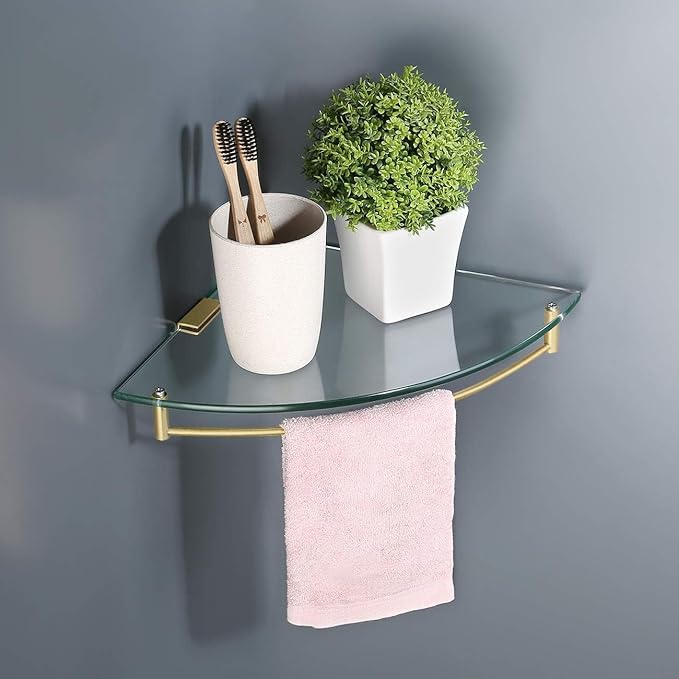 Glass Corner Shelf Bathroom Shelf Tempered Glass with Rail SUS 304 Stainless Steel Floating Wall Mount Bracket Brushed Nickel