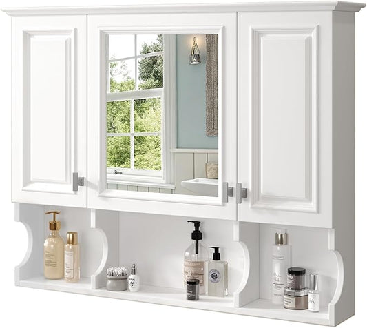 Merax Bathroom Wall Cabinet with Mirror, Wall Mounted Medicine Cabinet with Adjustable Shelves and Open Spaces, 35" x 28" Mirrored Door Over The Toilet Bathroom Storage Cabinet
