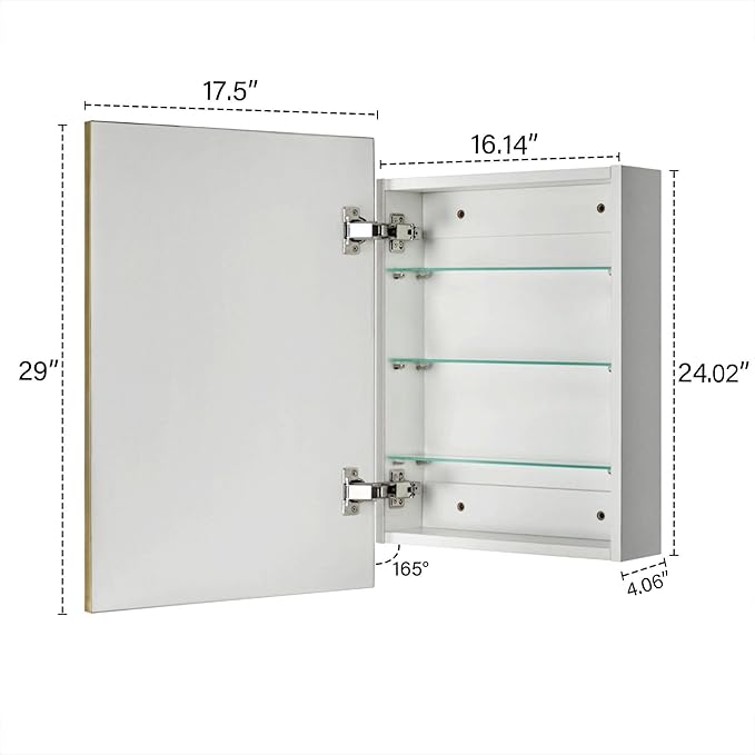 TEHOME 17.5'' x 29'' Brushed Gold Recessed and Surface Mount Bathroom Medicine Cabinet with Mirror Brushed Gold Square Cornered Metal Framed Rounded Rectangle Medicine Cabinet Mirror