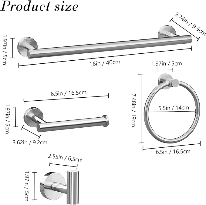 Round Brushed Nickel Bathroom Hardware: 8 Pieces Stainless Steel Bath Accessories Set - Including Wall Mounted Towel Rack&Toilet Paper Holder&Towel Ring&Robe Towel Hook