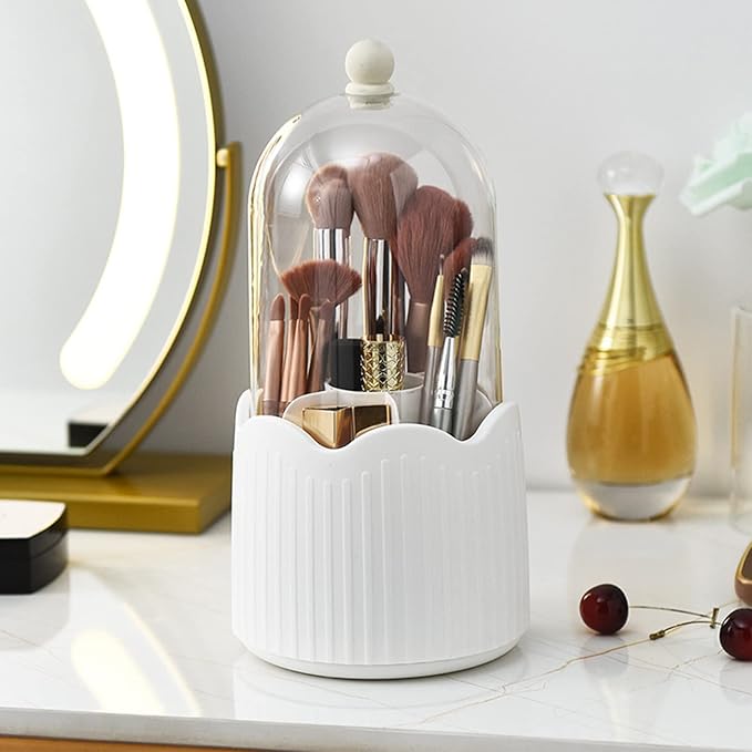 PerGar Makeup Brush Holder Organizer with Compartments, Transparent Dustproof 360 Degrees Rotatable Brush Storage Box with Lid, Cute Countertop Cosmetics Storage Cup for Vanity(White)
