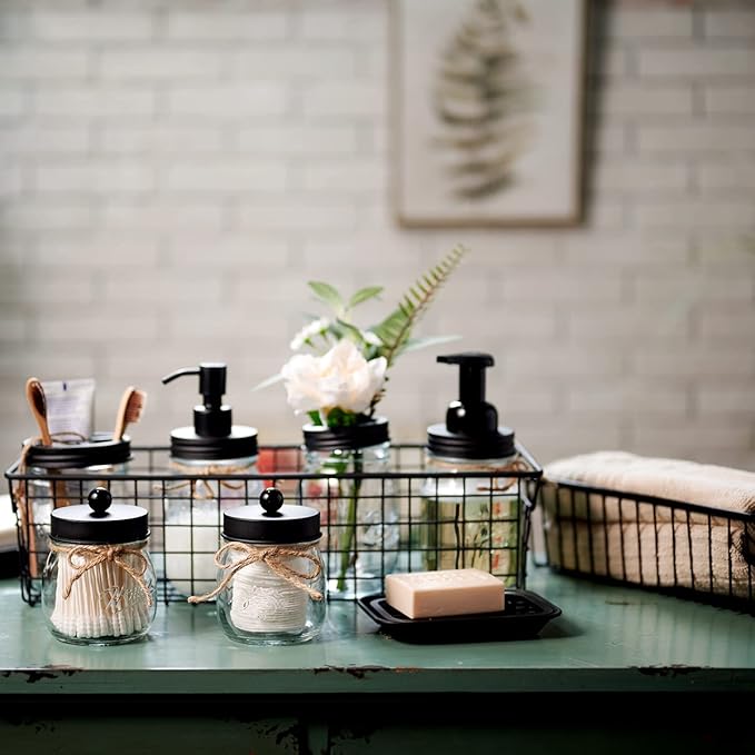 SheeChung 6Pcs Mason Jars Bathroom Accessories Set Complete - Toothbrush Holder, Lotion Soap Dispenser, 2 Mason Jars, Soap Dish, Toilet Paper Basket, Rustic Farmhouse Decor (Black, 6Pcs Bathroom Set)