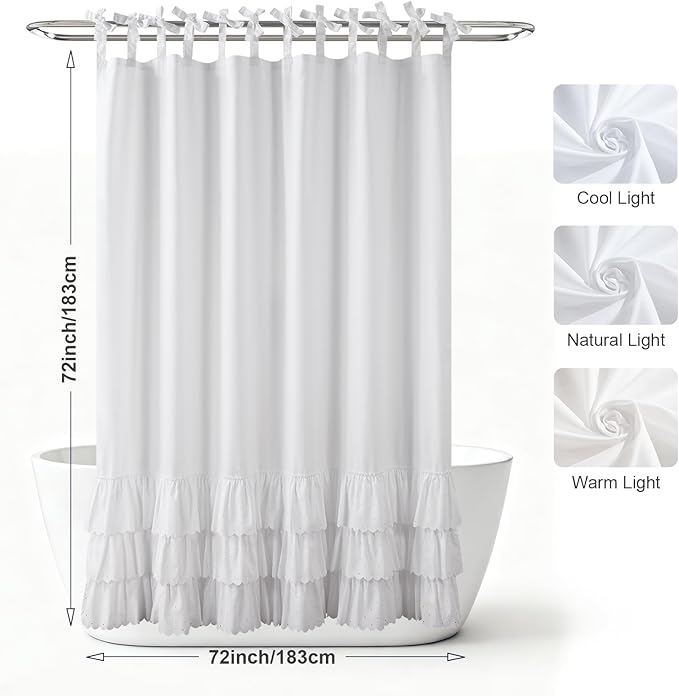 Adjustable Bow-Tie Top White Ruffle Shower Curtain for Girls Women, Delicate Fabric Shower Curtain with Handcrafted Ruffles and Small Holes, Waterproof Ruched Farmhouse Bathroom Curtain, 72"W x 72"H