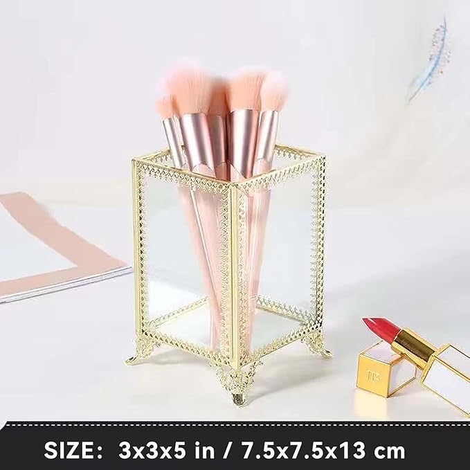 HKS Makeup Brush Holder Vintage Glass Handmade Organizer with White Pearls for Nail Brush, Vanity, Bathroom, Dresser, Countertop - Gold