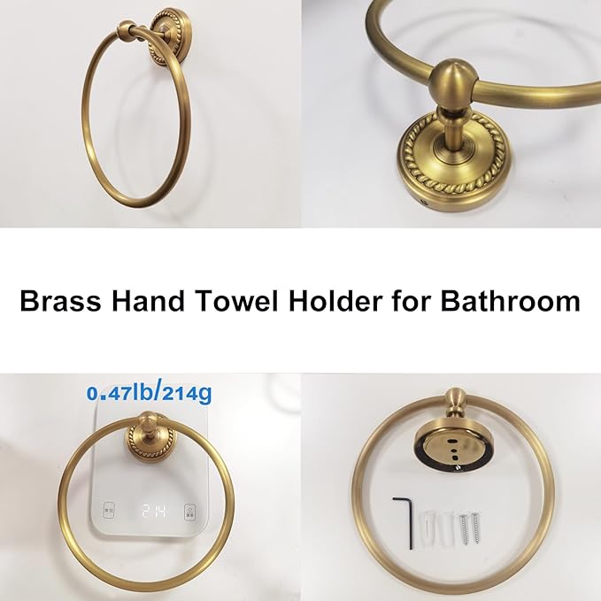 Towel Ring Antique Brass, Towel Holder for Bathroom Wall Mounted, Gold Hand Towel Ring, Round Towel Rack Hanger for Bath, Kitchen