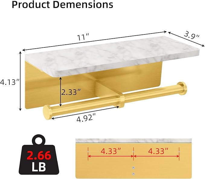 Brushed Gold Toilet Paper Holder with Shelf, New Upgrade Double Toilet Paper Holder with Storage, Marble Roll Toilet Paper Wall Mount for Bathroom Washroom