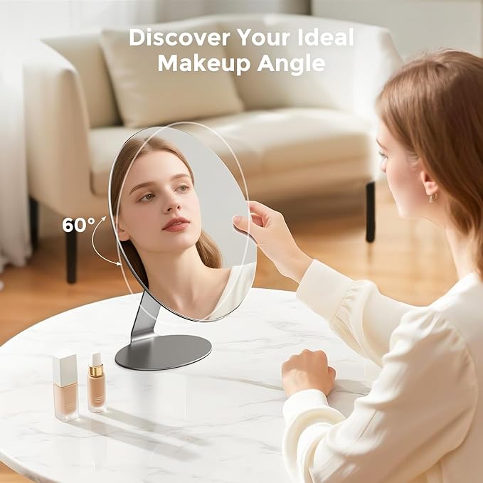 NEZZOE Oval Makeup Mirror for Desk, 12 Inch Frameless Metal Standing Table Top Mirror, Adjustable Angle