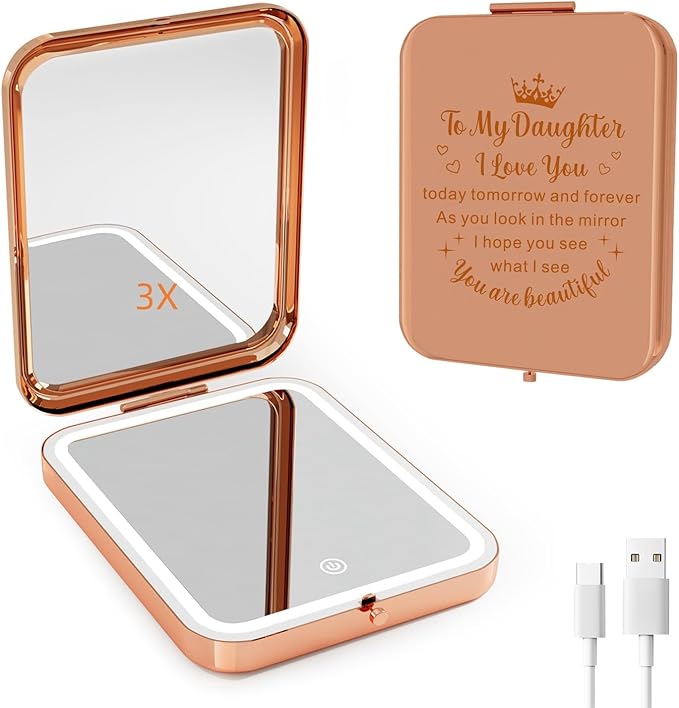 Daughter Birthday Gift Lighted Compact Mirror from Mom Dad, to My Daughter Rechargeable Travel Makeup Mirror with Light, Unique Daughter Gift for Girls Women Graduation Mother's Day Rose Gold