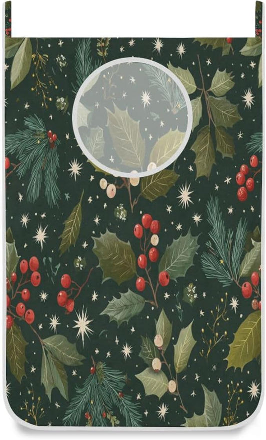 Green Christmas Holly Berries Pine Needles Leaves Hanging Laundry Hamper Door Hampers Bag Basket with Stainless Steel Hooks Oxford Fabric Printing Decorative Clothes Bags 29.5X20inch 2Pack
