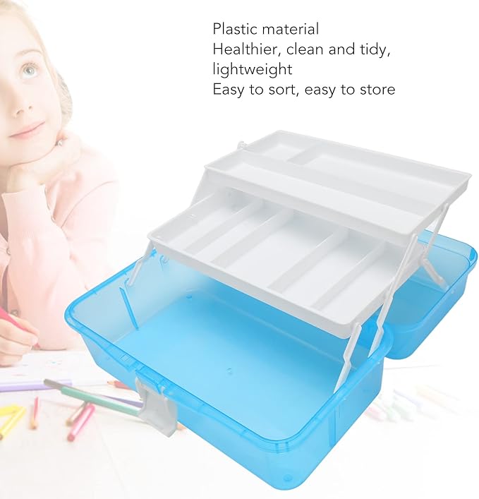 Zerodis 3 Layers Storage Box, Transparent Lid Plastic Portable Storage Box Sturdy Non Deformable Storage Case with Handle Art Craft Storage Box for Cosmetics Jewelry Nail Tools (Blue)