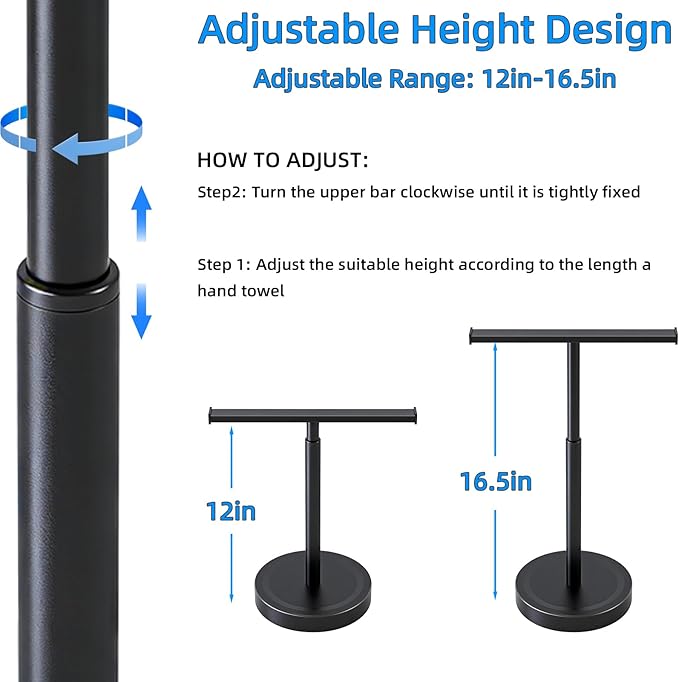 Hand Towel Stand, Stainless Steel Hand Towel Holder Rack for Bathroom Countertop, 16.5Inch Adjustable Retractable T-Shape Free Standing Hand Towel Rack for Bathroom Kitchen Countertop, Matte Black