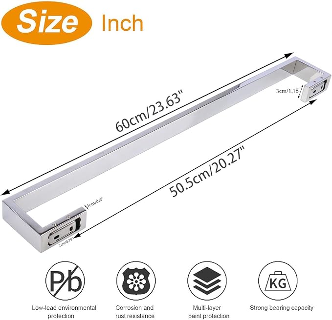 TocTen Bath Towel Rack - Square Base Thicken SUS304 Stainless Steel Towel Bar for Bathroom, Bathroom Bar Accessories Towel Rod Heavy Duty Wall Mounted Towel Holder (Polish Chrome, 24 Inch)