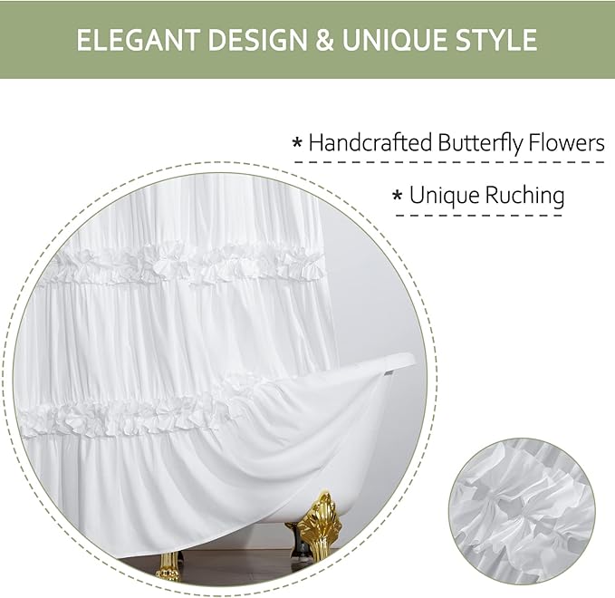 Victorian Ruffle Shower Curtain, Vintage Handcrafted Bow Tie Bath Curtain for Master Bathroom, Ruched Microfiber Bathroom Curtain with 12 Buttonholes, 72" W x 84" H, White (LQ-10)