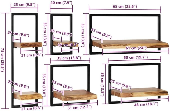 Wall Shelf Set of 5, Rustic Industrial Floating Shelves with Solid Acacia Wood and Powder-Coated Steel Frame, Decorative Wall Mount Storage for Living Room, Bedroom, and Kitchen