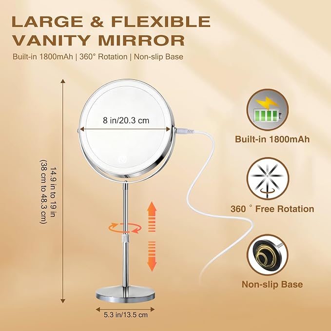 Makeup Mirror with Lights and Magnification, Electric Lighted Standing Mirror with 10x Magnification, Magnifying Mirror with Light for the Bathroom, 360° Rotation & Height Adjustable
