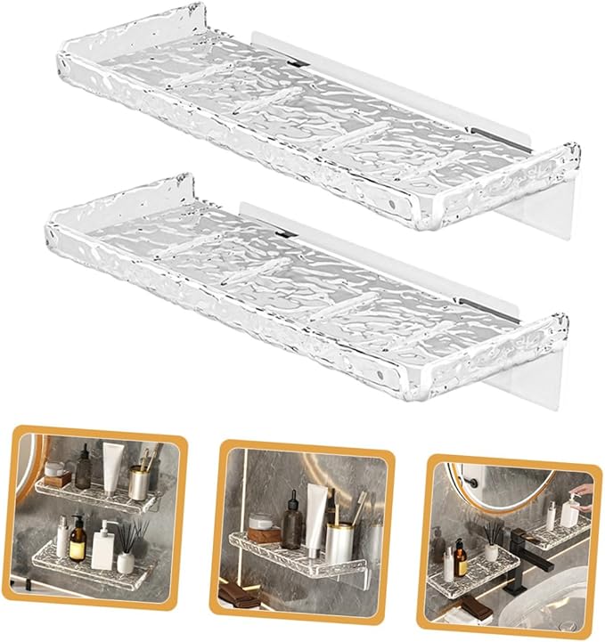 Homoyoyo 2pcs Wall Mount Holder Storage Shelf for Bathroom Transparent Wave Pattern Floating Organizer Rack Wall Shelf for Kitchen Bathroom and Living Storage