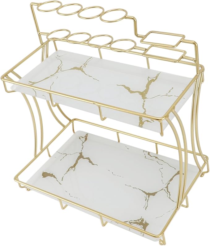 Double Layer Countertop Storage Rack, Bathroom Countertop Organizer with Electric Toothbrush Holder, Iron and Glass Counter Shelf for Toiletries and Cosmetics (White Background Gold Grain)