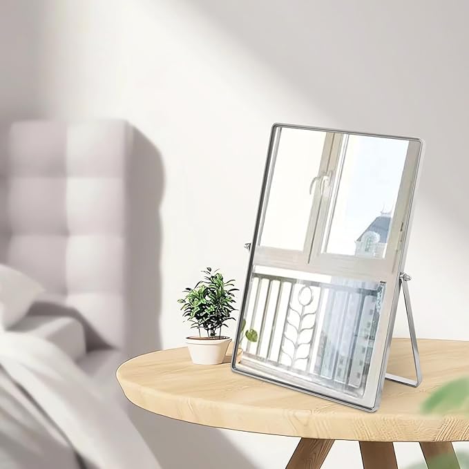 Makeup Vanity Mirror Portable Desktop Mirror with Metal Stand Adjustable 90° Rotation Desk Mirrors for Dressing Room,Bedroom, Bathroom,Tabletop,Square Silver