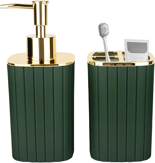 2PCS Bathroom Accessories Set, Dark Green Bathroom Accessories Include Soap Dispenser and Toothbrush Holder for Boho Bathroom Decor