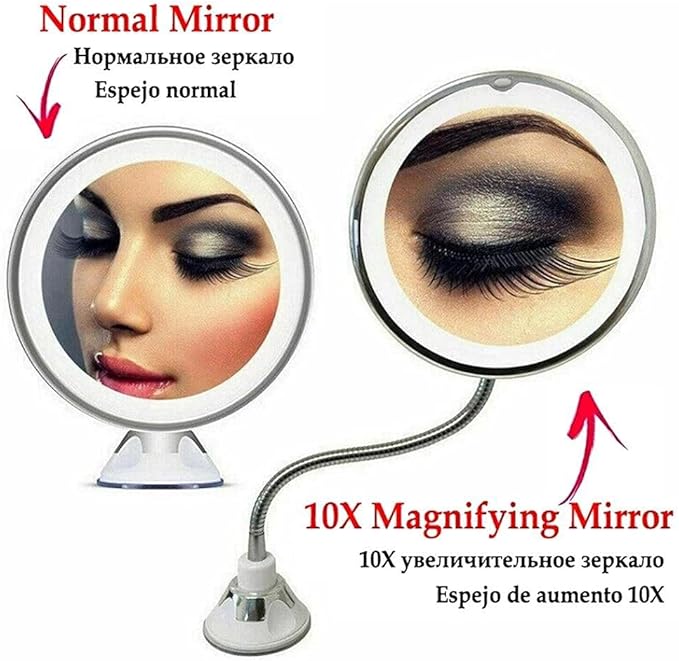 Makeup Mirror with LED Light and Suction Cup 360 Degree Swivel Flexible Gooseneck 10X Magnifying Mirror Travel and Home Bathroom Vanity Mirror (White)