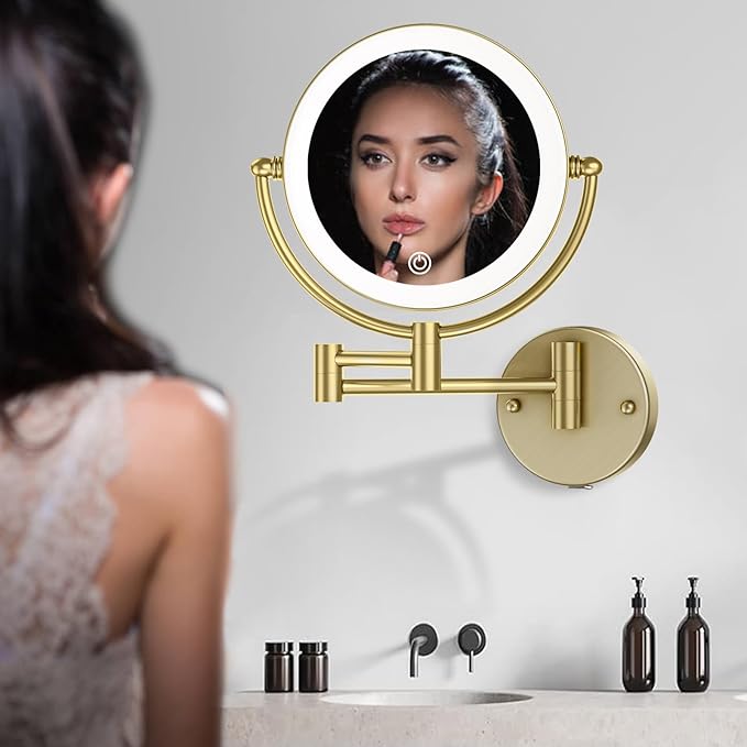 Lighted Makeup Mirror 10x Magnification Wall Mount, Hard Wired Double Sides 3 Color Lighting Touch Dimming, 360 Swivel Extended Arm Shaving Mirror for Bathroom, Satin Brushed Gold