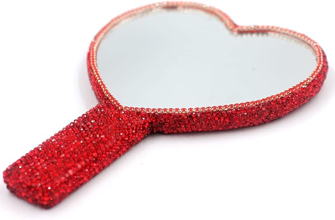 Bling Rhinestone Heart Handheld Mirror - Portable & Dazzling Makeup Mirror for On-The-Go Touch-ups (Plastic red)