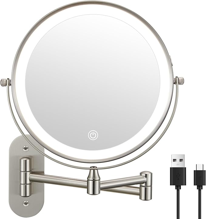 DECLUTTR 9" Wall Mounted Lighted Makeup Mirror, Rechargeable 1X/20X Magnifying Mirror with Light Double Sided, Touch Dimmable 3 Color Light, 360 Rotation Vanity Mirror