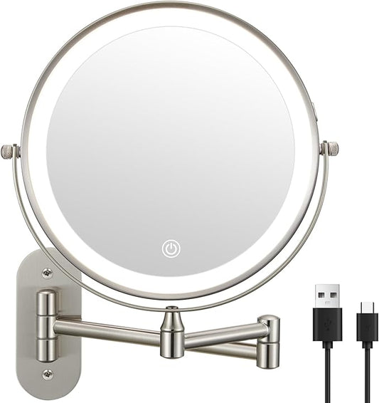 DECLUTTR 9" Wall Mounted Lighted Makeup Mirror, Rechargeable 1X/20X Magnifying Mirror with Light Double Sided, Touch Dimmable 3 Color Light, 360 Rotation Vanity Mirror