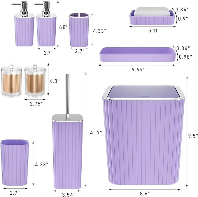 XLHOMO Bathroom Accessories Set - Gorgeous Purple Bathroom Set, 10PC Bathroom Accessory Set, Toilet Brush, Trash Can & Soap Dispenser