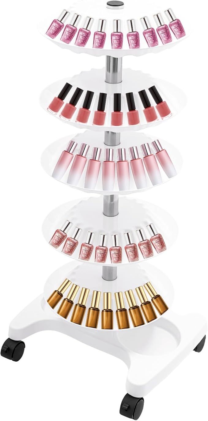 DYRABREST 5-Tier Nail Polish Trolley Organizer, 360° Rotating Nail Polish Display Stand with Wheels, Adjustable Shelves, White Modern Rolling Cart for Nail Salons and Home Use (white)