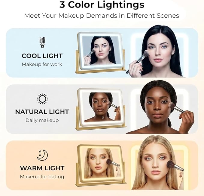 Vanity Mirror with Lights, 17''x22'' Lighted Makeup Mirror, LED Makeup Mirror, Dimmable, Smart Touch with 3-Color Lighting Modes, for Bedroom Tabletop - Gold