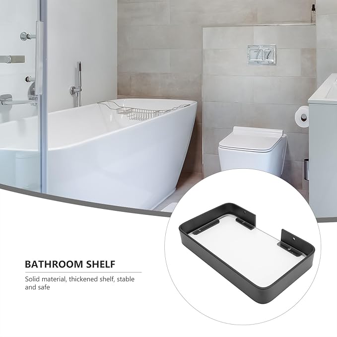 No-Drill Black Bathroom Glass Shelf Bracket Wall Mount Rack Organizer for Shampoo Cosmetics Storage Stylish Floating Corner Shelf for Toiletries Easy Installation Bathroom Wall