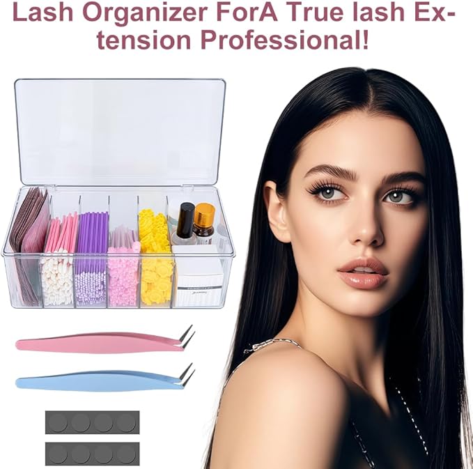2PCS Acrylic Lashes Organizer, Eyelash Storage Box with 2PCS Tweezers and Sticky Notes, Large Capacity Eyelash Extension Supplies Organizer with Lid, Neatly Store and Organize Your Lash Supplies