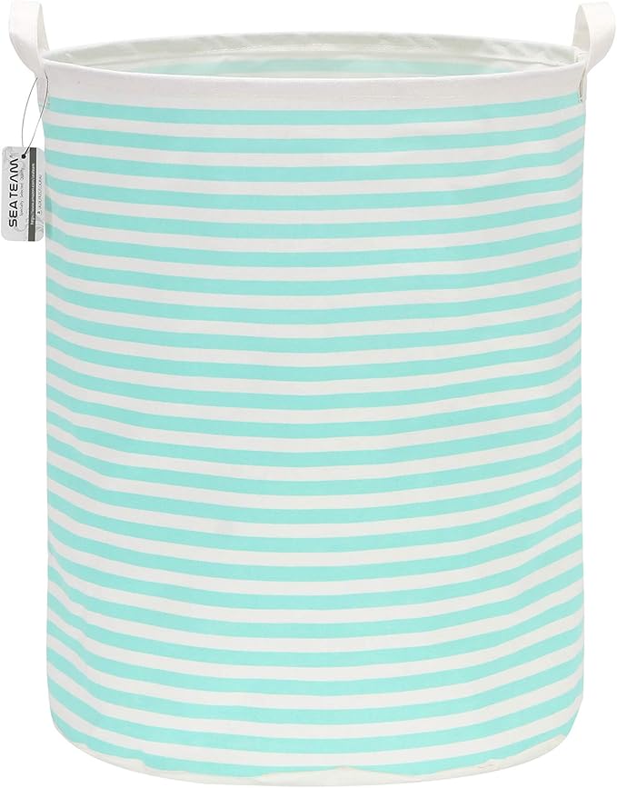 Sea Team 19.7 Inches Large Sized Waterproof Coating Ramie Cotton Fabric Folding Laundry Hamper Bucket Cylindric Burlap Canvas Storage Basket (19.7", Stripe/Mint)