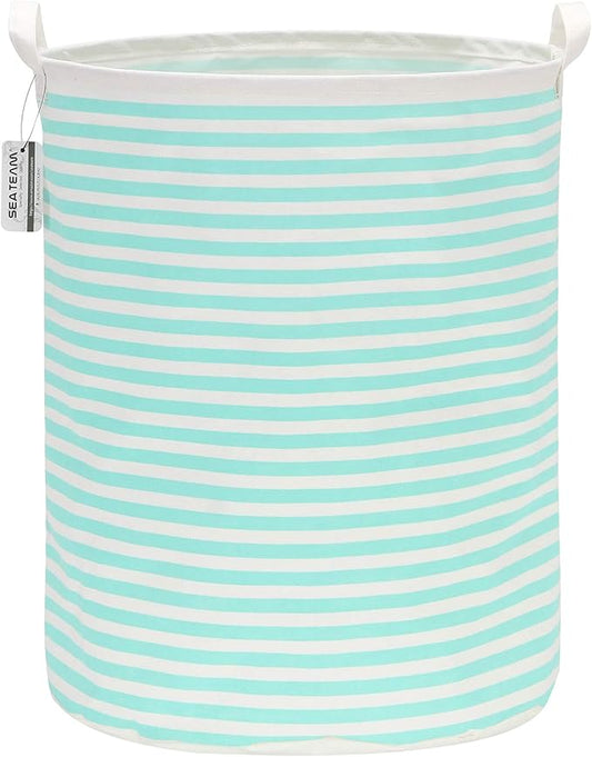 Sea Team 19.7 Inches Large Sized Waterproof Coating Ramie Cotton Fabric Folding Laundry Hamper Bucket Cylindric Burlap Canvas Storage Basket (19.7", Stripe/Mint)