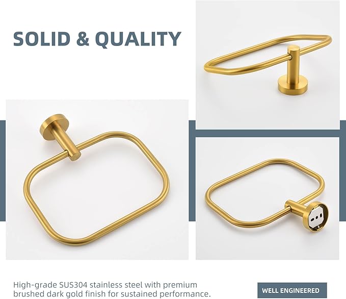 Angle Simple Square Towel Ring Brushed Dark Gold, SUS304 Stainless Steel Swivel Hand Towel Holder for Bathroom, Wall Mount, 7.87 Inches
