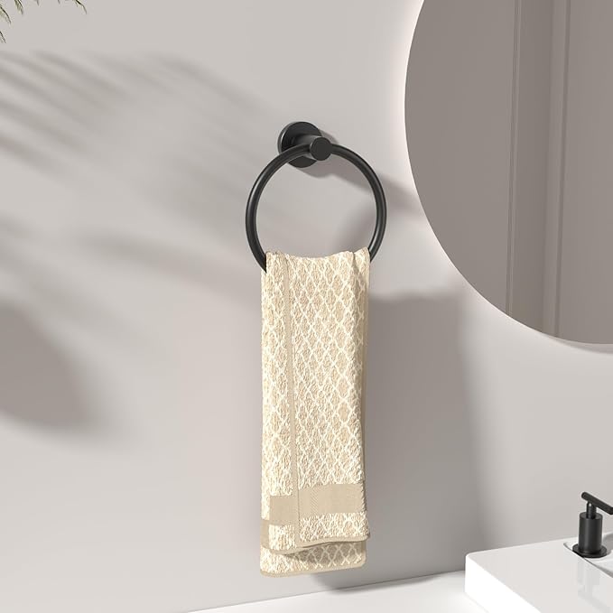FORIOUS Towel Ring, SUS304 Stainless Steel Modern Hand Towel Holder Rack Hanger Round for Bathroom Wall Mounted, Ideal for Bath, Kitchen, RV (2 Pack, Matte Black)