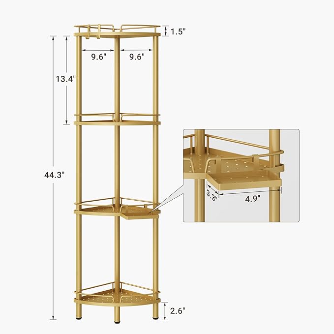 ELYKEN Corner Shower Caddy Standing, 4 Tier Rustproof Metal Shower Organizer with Soap Holder, Floor Shower Corner Shelf Rack Storage Stands with Adjustable Feet & 2 Hooks for Bathroom, Gold