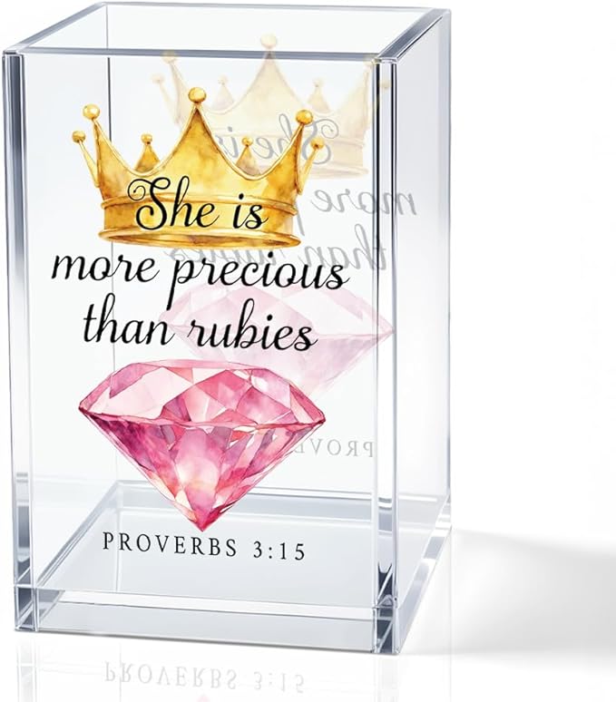 She Is More Precious Than Rubies Acrylic Cosmetic Holder, Crown Clear Makeup Brush Holder, Ideal for Bathroom Jewelry Accessories Holding, Christian Bible Verses Gifts for Women Girlfriend Her