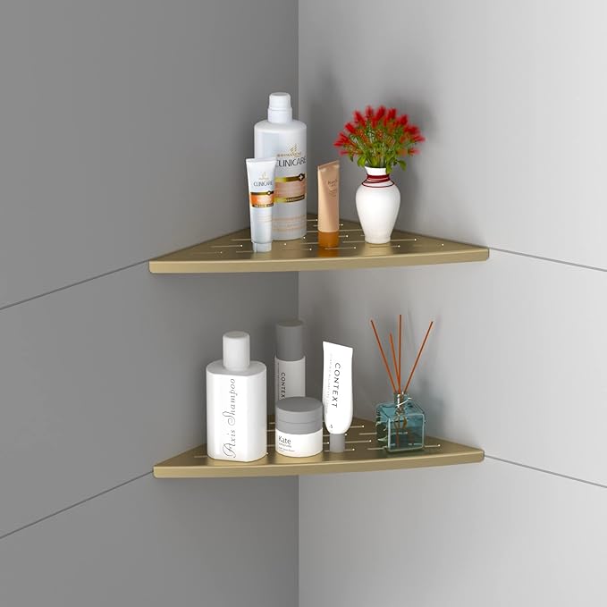 Qeke Corner Shower Shelf Brushed Golden, 304 Stainless Steel 11.5” Recessed Corner Shelf Bathroom for Tiled Wall, Floating Shower Shelves Shampoo Holder, No Drilling, 2 Pack