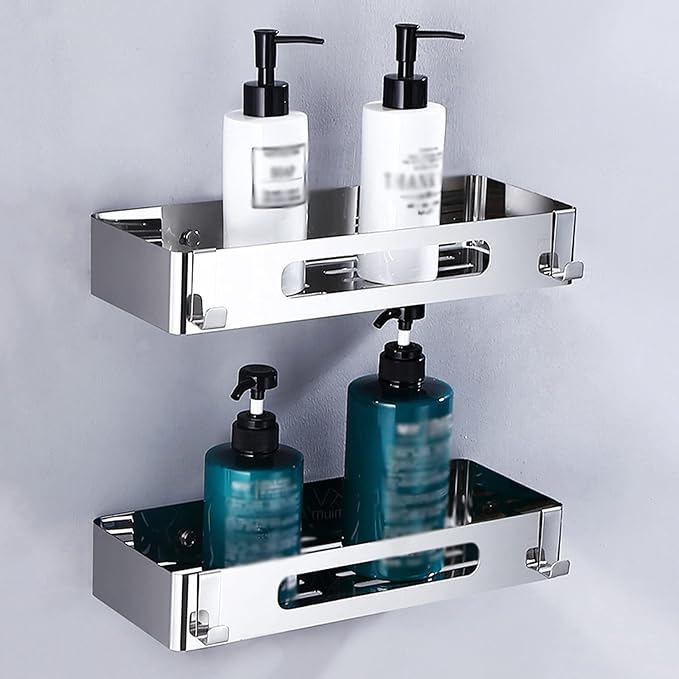 Bathroom Shelf Wall Storage Shelves Organizer Set of 2 Bathroom Accessories Bathroom Organizer Hanging with 4 Hooks Polished 304 Stainless Steel Floating Shelves (Size : Double-Layer Rectangular fram