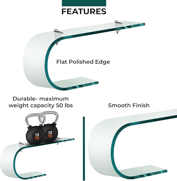 Bent Glass Shelf 4.75" X 19.75" Inch - 3/8 Inch Thick Floating Shelve with 2 Free Chrome Brackets and Screws For Bathroom, Living Room, Kitchen and Wall Decoration By Fab Glass And Mirror