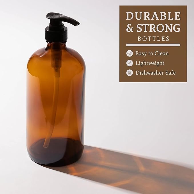 32 Ounce Glass Pump Dispenser Bottle, Large Amber Container with Pump for Shower and Bath Shampoo Soap Conditioner Lotion - 1 Liter Shower Bottles- by Kitchentoolz
