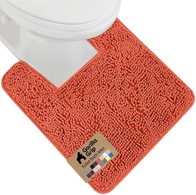 GORILLA GRIP Plush Absorbent Shaggy Chenille Bath Rug Mat for Square Toilet Base with Rubber Backing, Machine Washable Rugs, Soft Microfiber Contour Mats for Toilets, Bathroom Decor, Coral