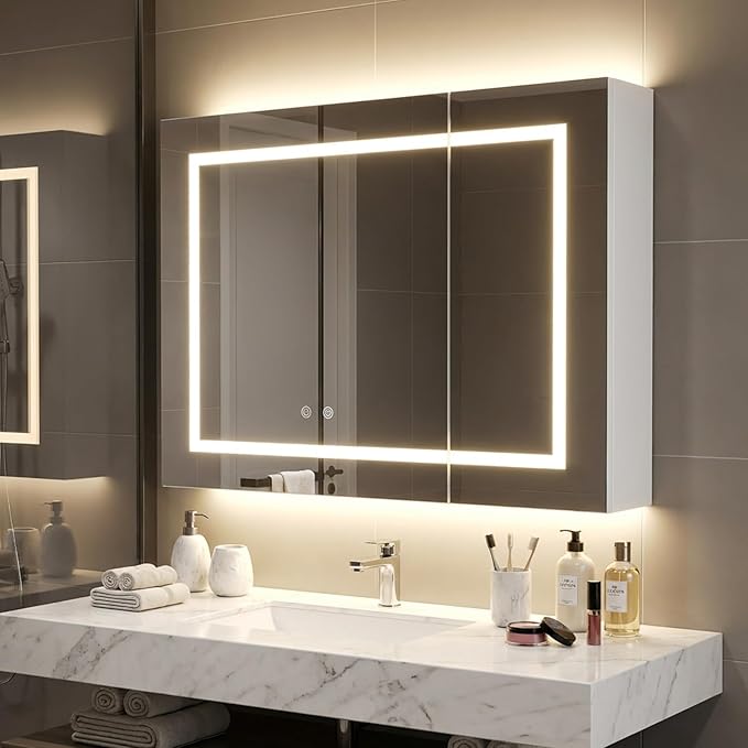 LED Lighted Bathroom Medicine Mirror Cabinet with 3-Color LED Lights, Anti-Fog, Dimmable, Wall Mount, 3-Adjustable Shelves, Wall Mounted Bathroom Mirror with Storage (24‘’×32‘’)