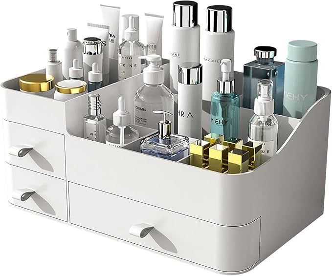 Makeup Organizer for Vanity, Large Countertop Organizer with Drawers, Cosmetics Storage for Cosmetics, Lipsticks, Jewelry, Nail Care, Skincare, Ideal for Bedroom and Bathroom Countertops (White)