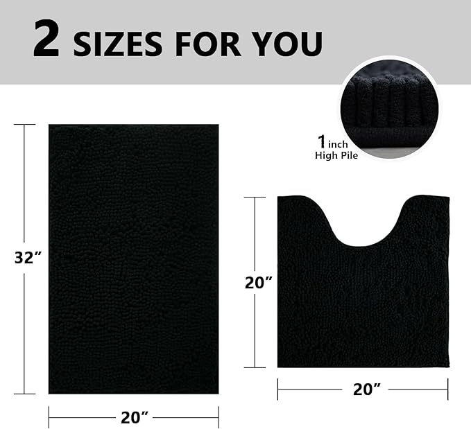BOANKODU Bathroom Rug Sets, Absorbent Chenille Bath Rugs Non-Slip, 32x20 Inch + 20x20 Inch U Shape, Machine Washable (Black)