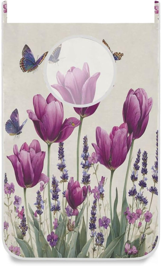 Purple Tulilp Butterfly Hanging Laundry Hamper Door Hampers Bag Basket with Stainless Steel Hooks Oxford Fabric Printing Decorative Clothes Bags 29.5X20inch 1Pack