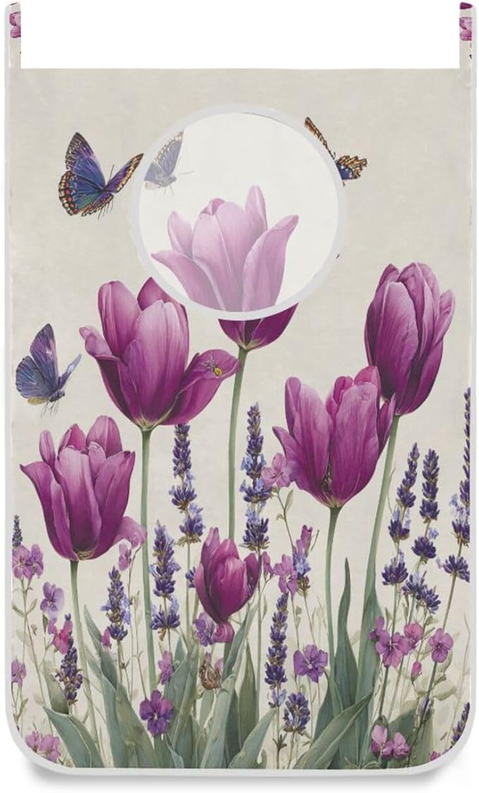 Purple Tulilp Butterfly Hanging Laundry Hamper Door Hampers Bag Basket with Stainless Steel Hooks Oxford Fabric Printing Decorative Clothes Bags 29.5X20inch 2Pack